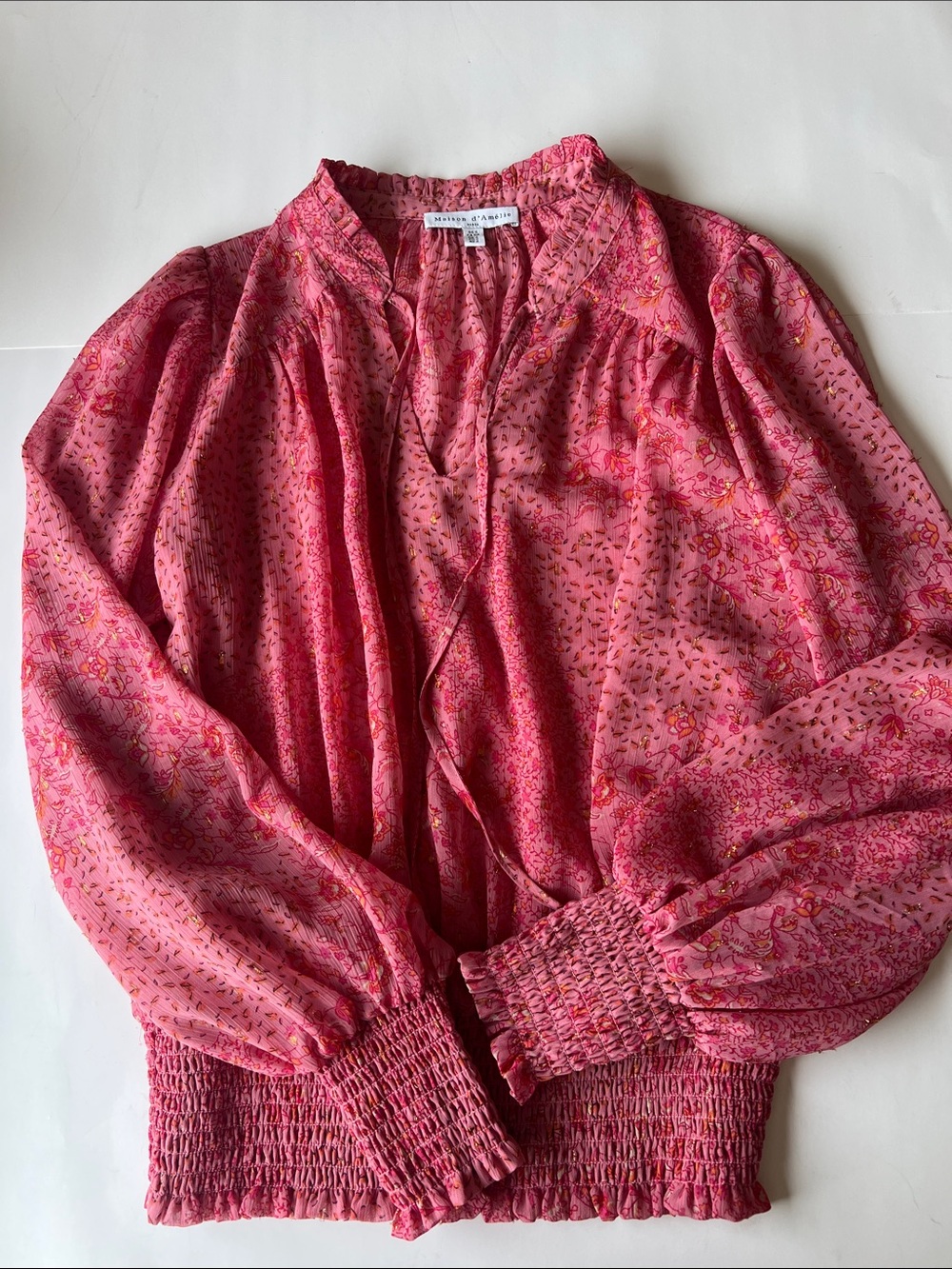 Madison d’ Amelie Floral Pink Smocked-Waist Peasant Blouse